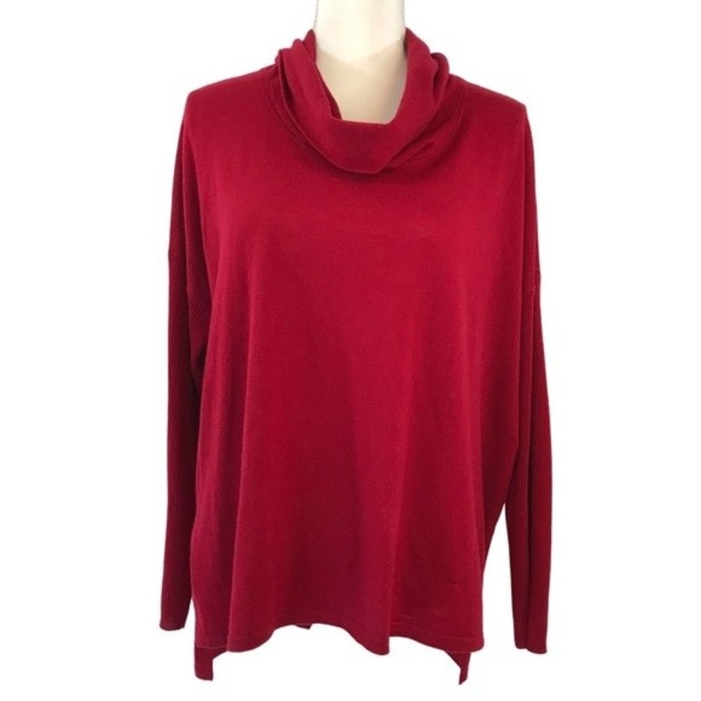 Eileen Fisher Merino Wool Cowl Neck High Low Side Slit Boxy Sweater Red Medium